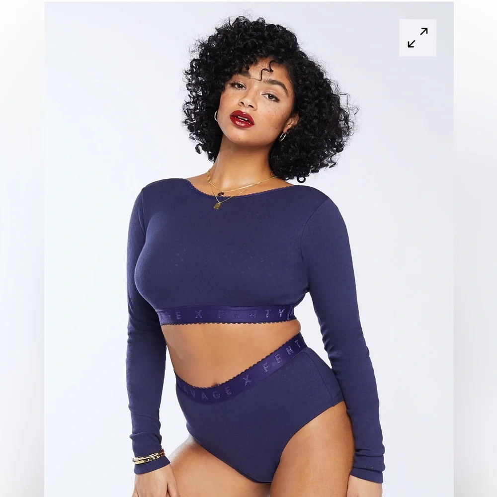 Savage X Fenty Long Sleeve Crop Top Blue Size XS Pointelle knit Scoop Neck